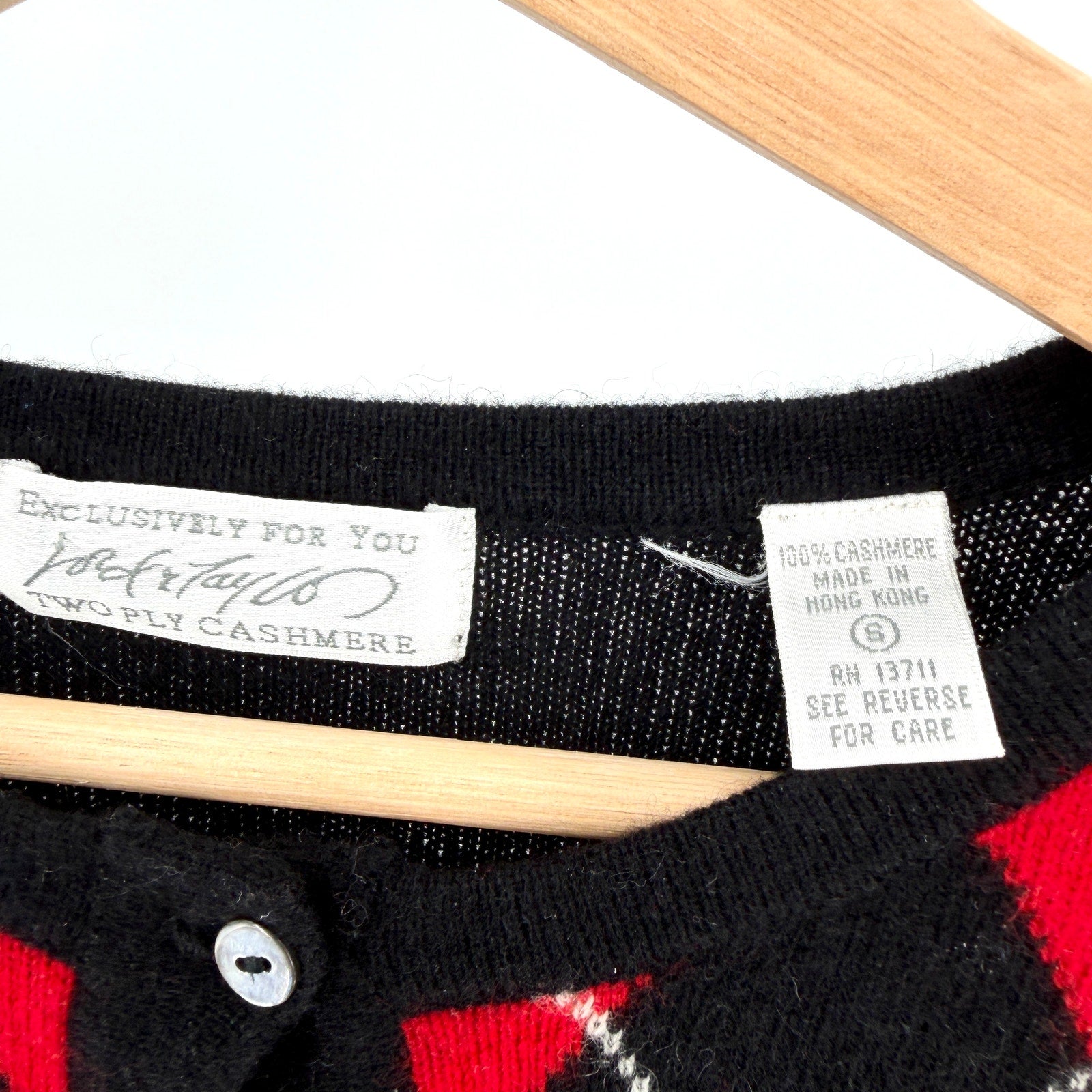 Vintage 90s Lord & Taylor Black Red Argyle 100% Cashmere Cardigan Sweater