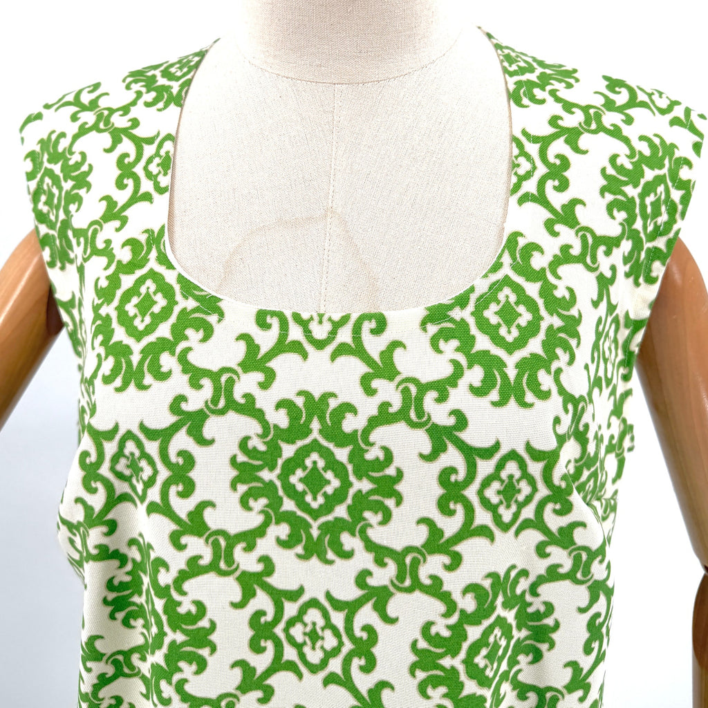 Vintage 70s Handmade Green White Damask 100% Cotton Shift Dress