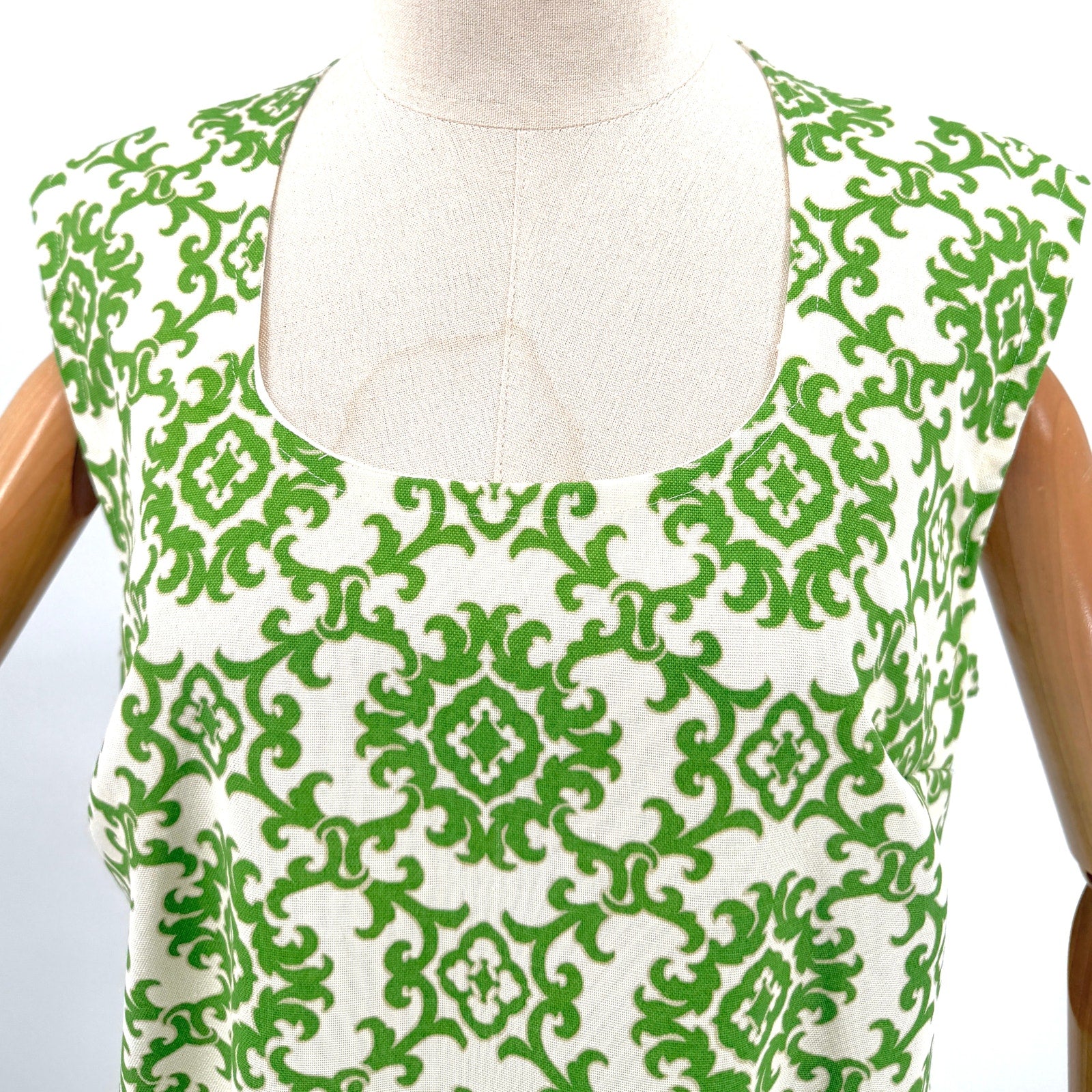 Vintage 70s Handmade Green White Damask 100% Cotton Shift Dress