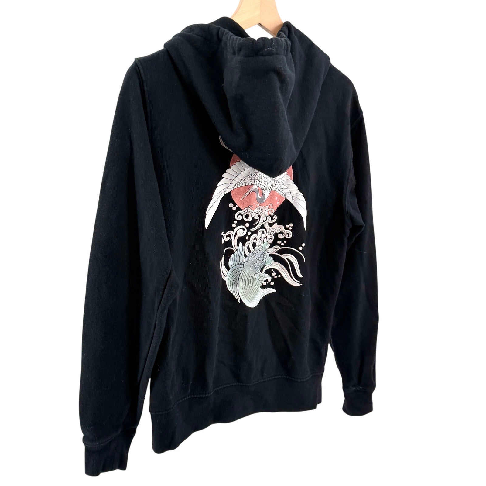 Little Romance Black Japanese Streetwear 100% Cotton Koi Fish Crane Zip Hoodie