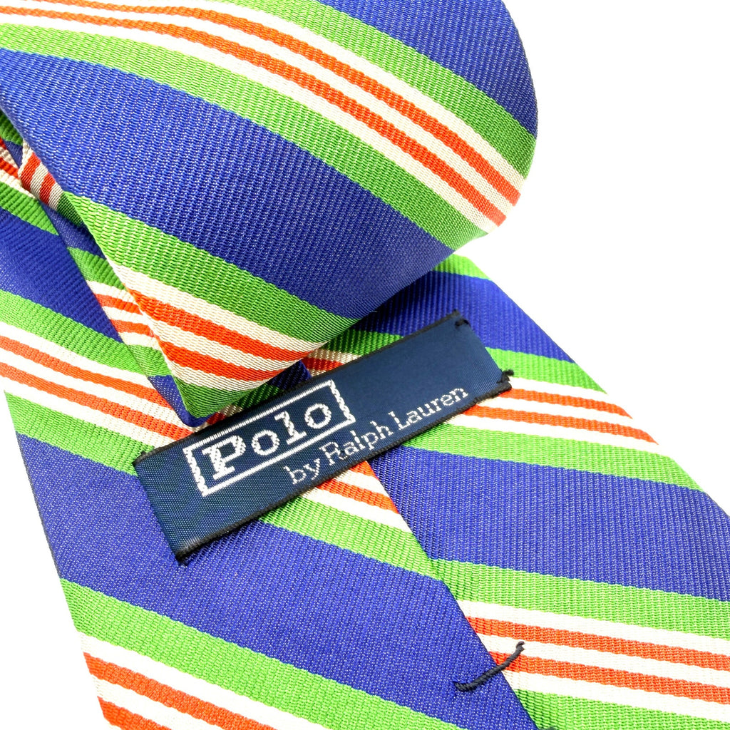 MINT Vintage 90s Polo Ralph Lauren Blue Green 100% Silk Preppy Stripe Necktie