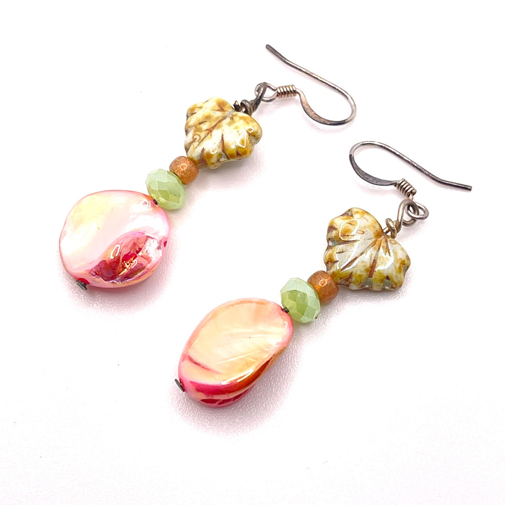 Vintage 90s Pink Mother of Pearl Ceramic Leaf Botanical Statement Drop Earrings