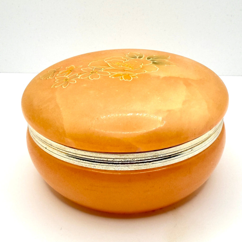 Vintage 70s Italian Hand Carved Peach Alabaster Hand Painted Round Trinket Box