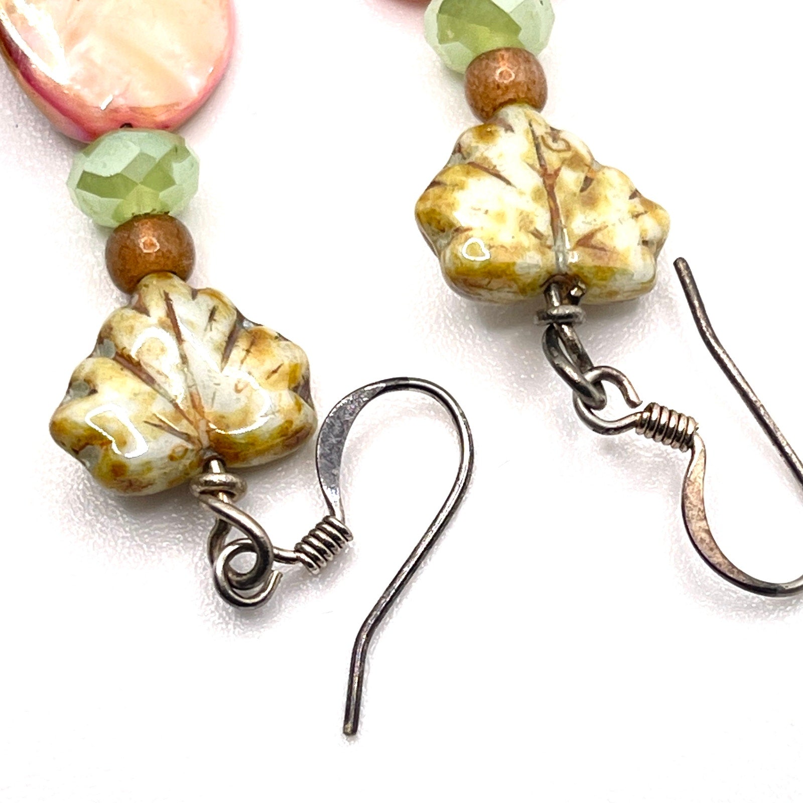 Vintage 90s Pink Mother of Pearl Ceramic Leaf Botanical Statement Drop Earrings