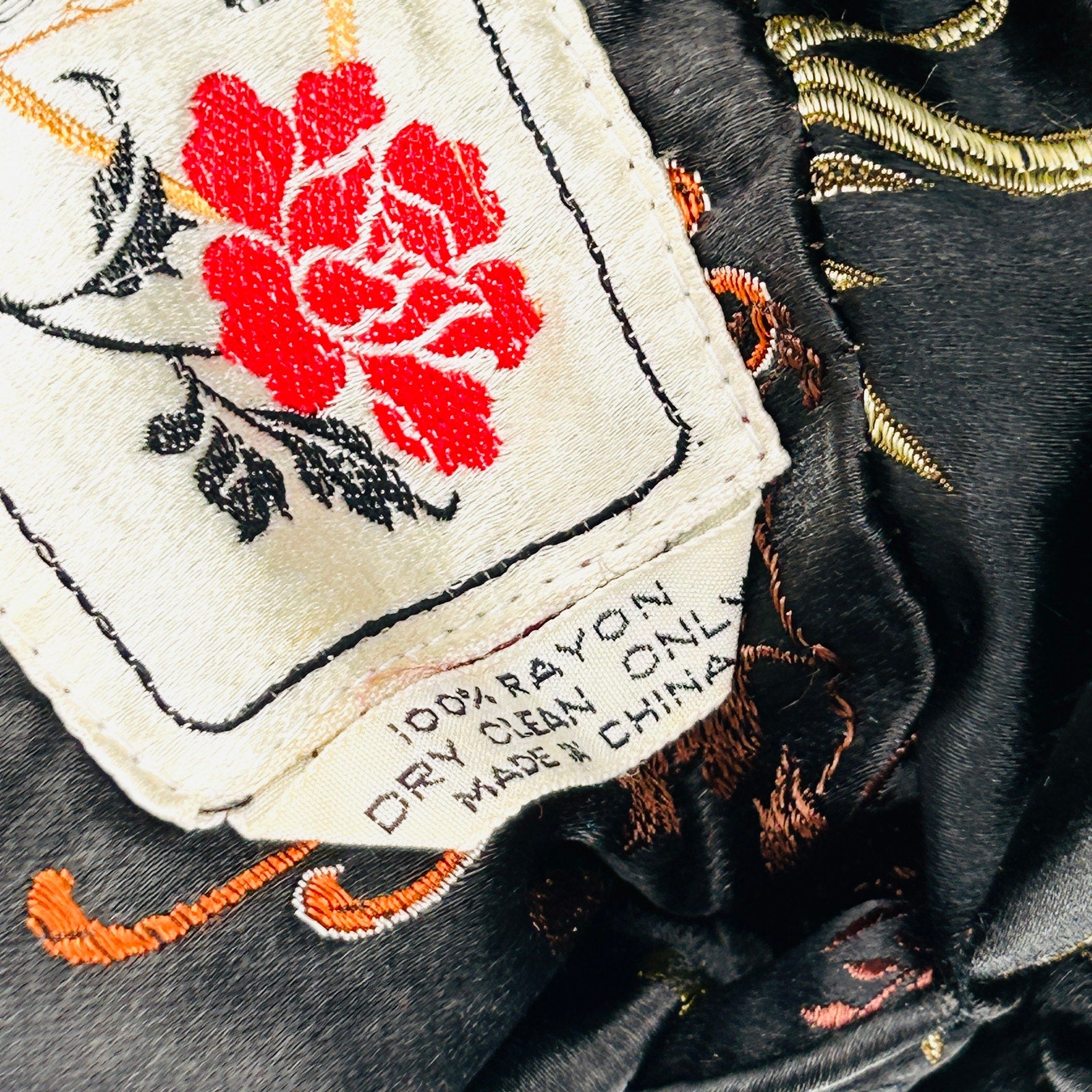 Vintage 80s Chinese Black Satin Gold Bamboo Embroidered Reversible Jacket
