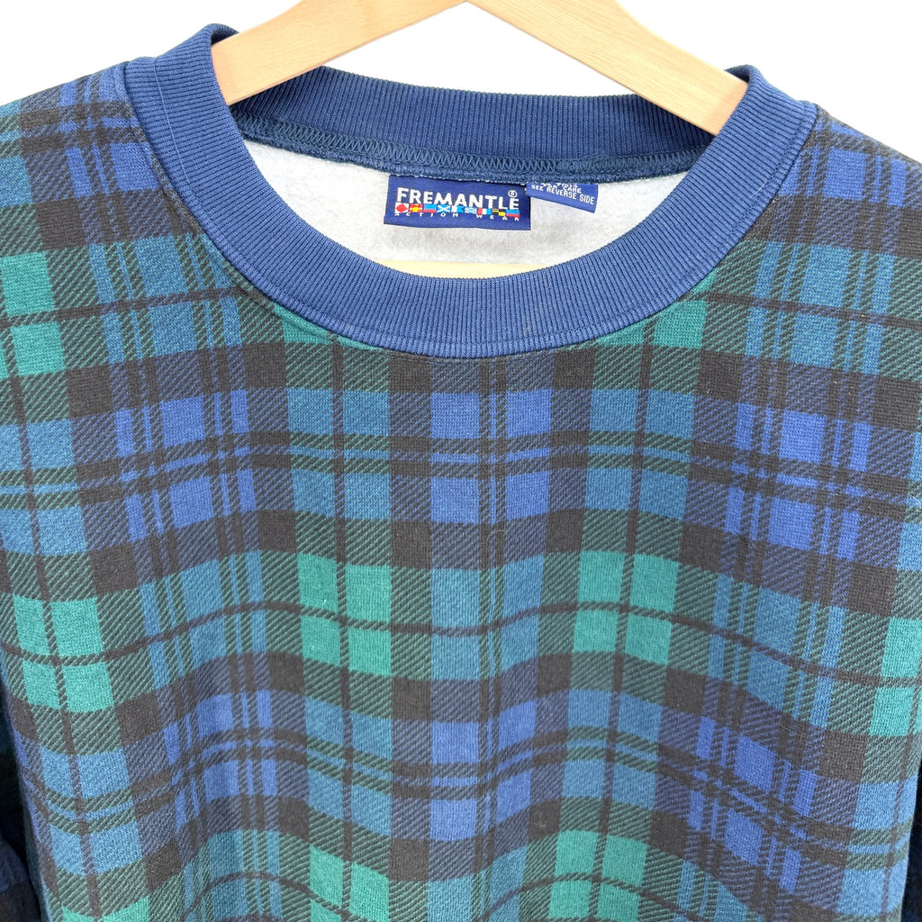 Vintage 90s Fremantle Blue Green Tartan Plaid Crewneck Sweatshirt