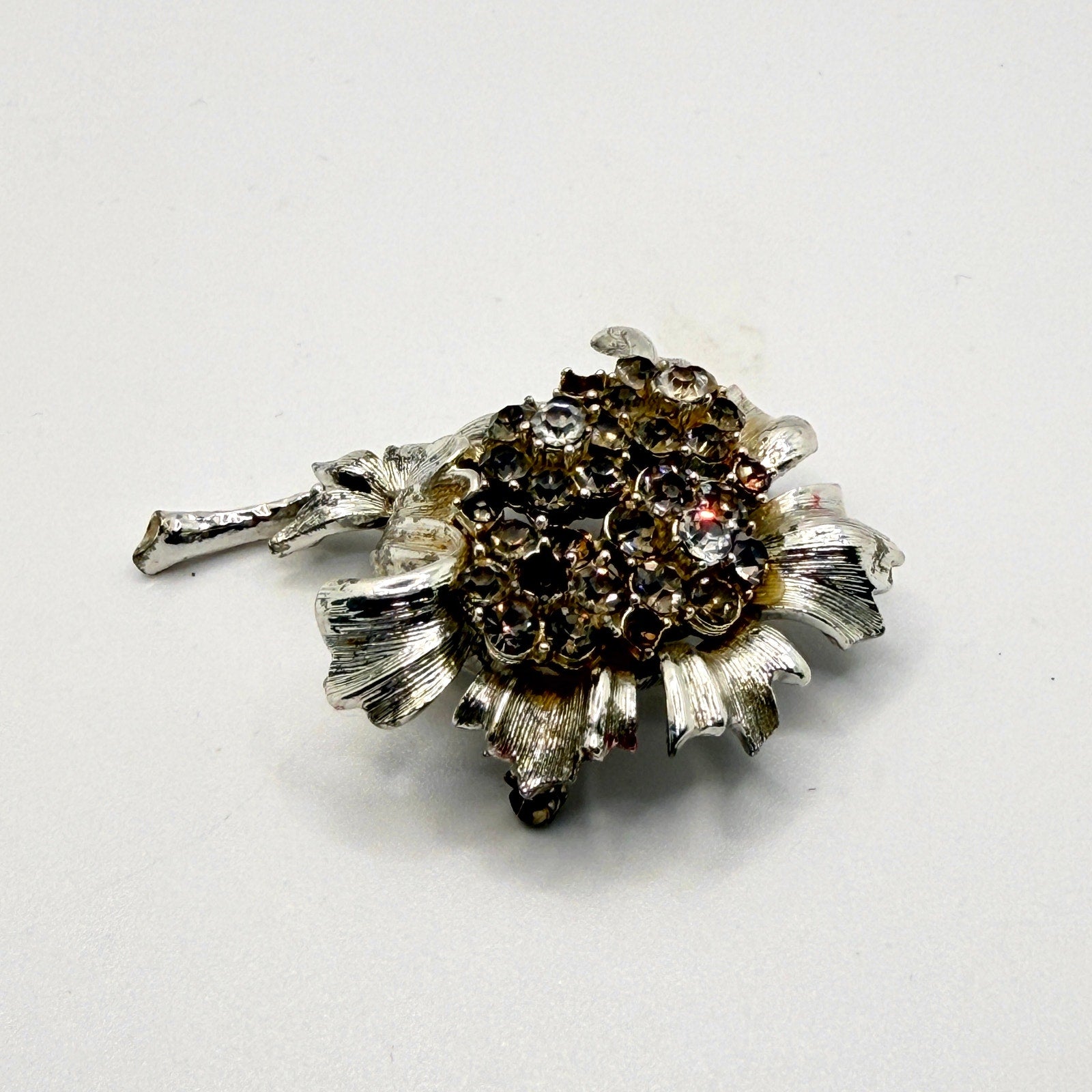 Vintage 60s Sarah Coventry Smoke Silver-tone Midcentury Stamped Floral Brooch