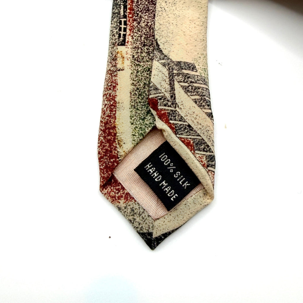 Vintage 90s Index Tan 100% Silk Bauhaus Architectural Staircase Necktie