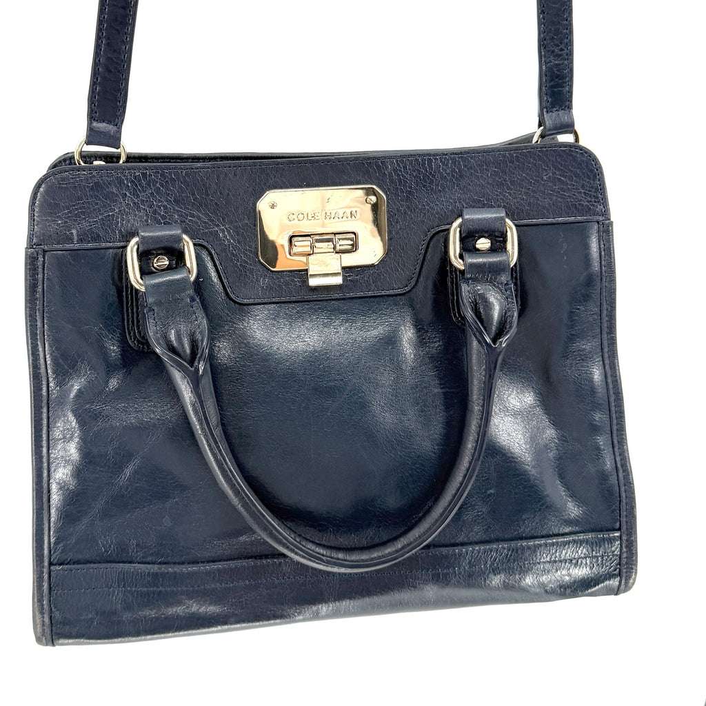 Cole Haan Navy Blue Genuine Leather Minimalist Push Lock Satchel Crossbody Bag