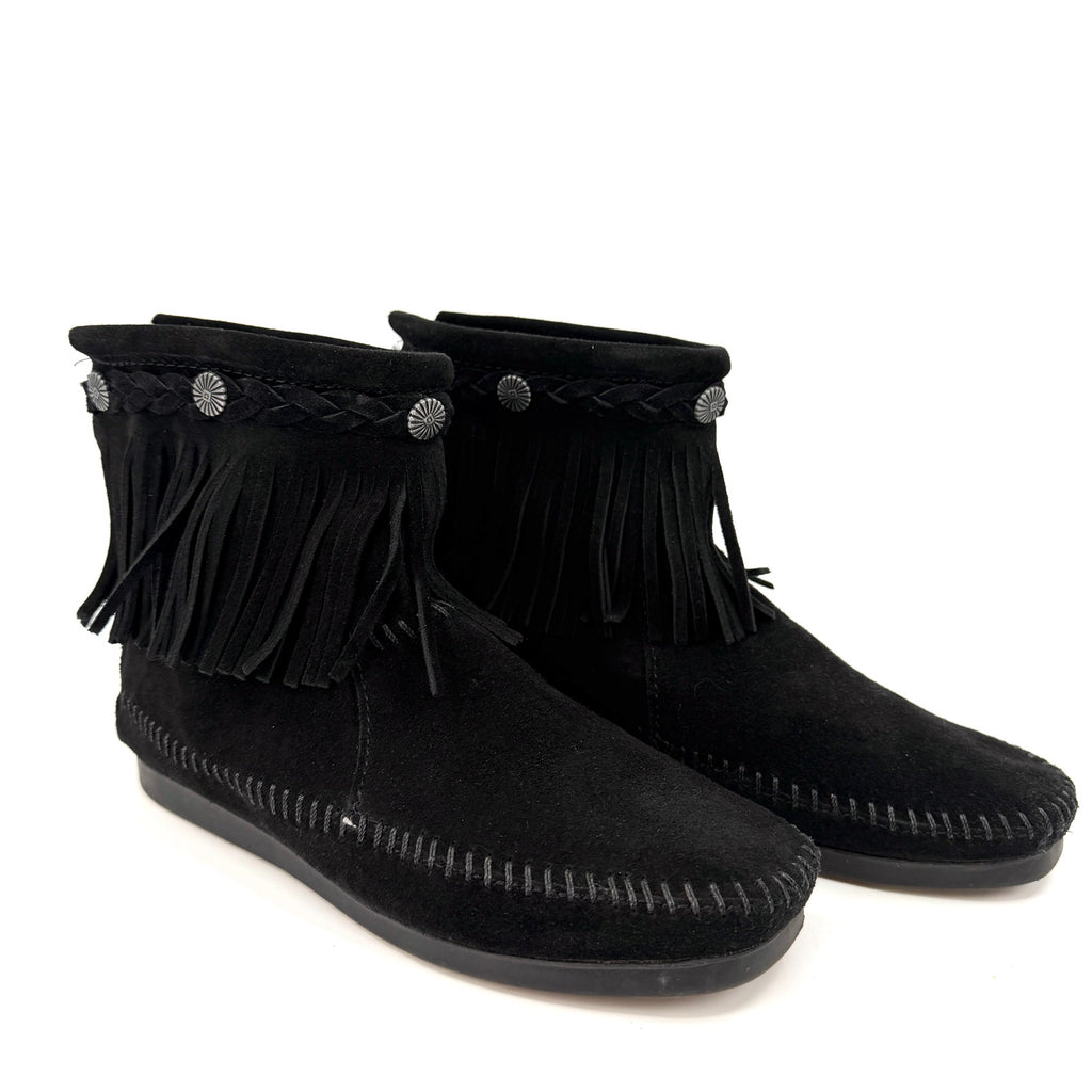 Minnetonka Black Genuine Leather Fringe Back Zip Moccasin Booties