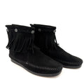 Minnetonka Black Genuine Leather Fringe Back Zip Moccasin Booties