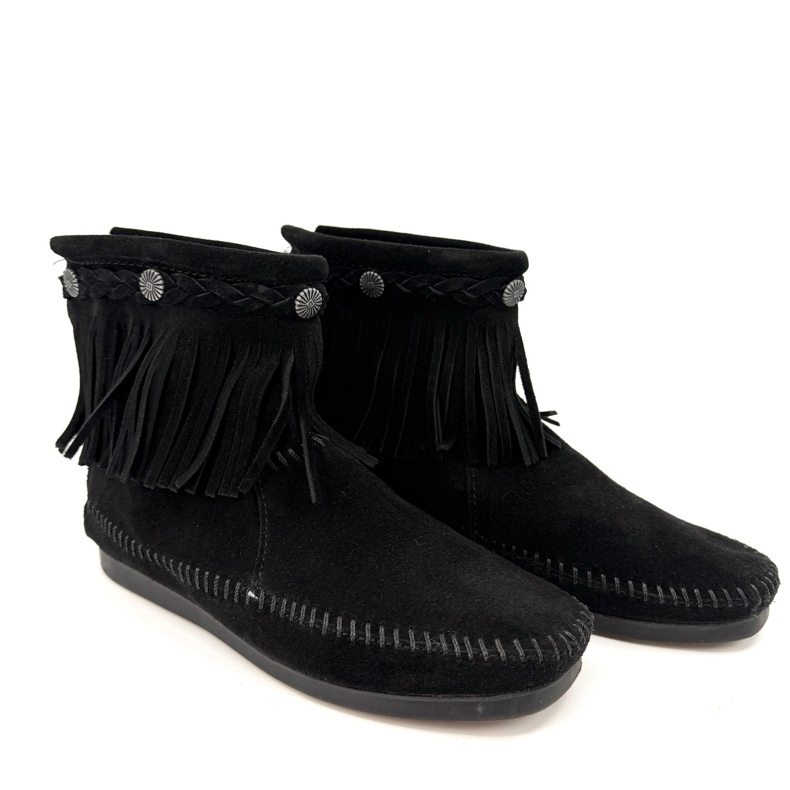 Minnetonka Black Genuine Leather Fringe Back Zip Moccasin Booties