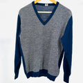 Vintage 80s Franck Olivier Paris Navy Blue Wool Blend Striped V Neck Sweater