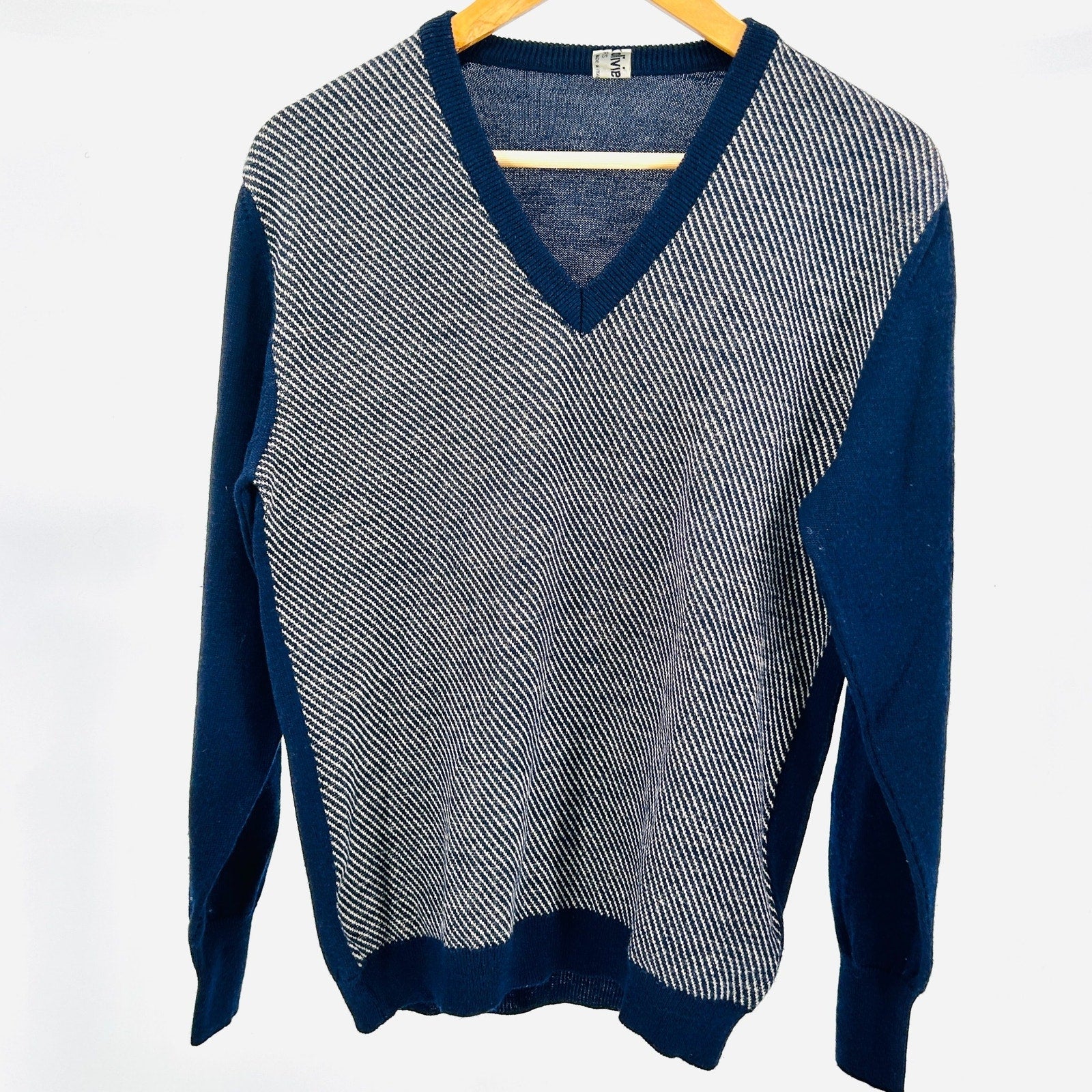 Vintage 80s Franck Olivier Paris Navy Blue Wool Blend Striped V Neck Sweater