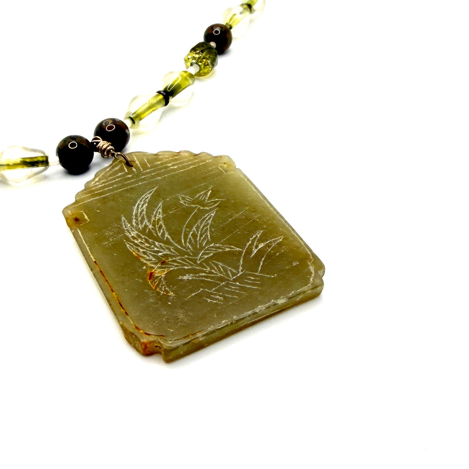 Vintage 90s Chinese Carved Jade Bird Bamboo Etched Calligraphy Pendant Necklace