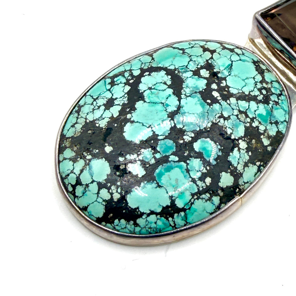 Vintage 90s Sterling Silver Stamped Turquoise Smoky Quartz Statement Pendant