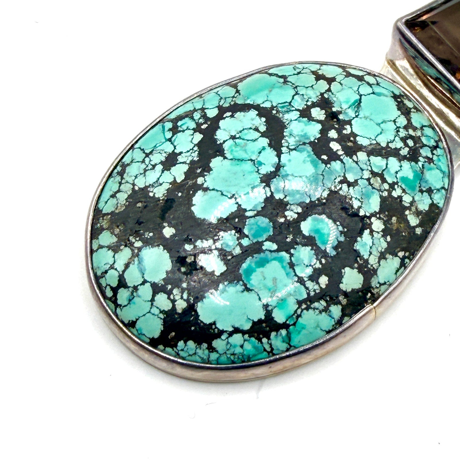 Vintage 90s Sterling Silver Stamped Turquoise Smoky Quartz Statement Pendant