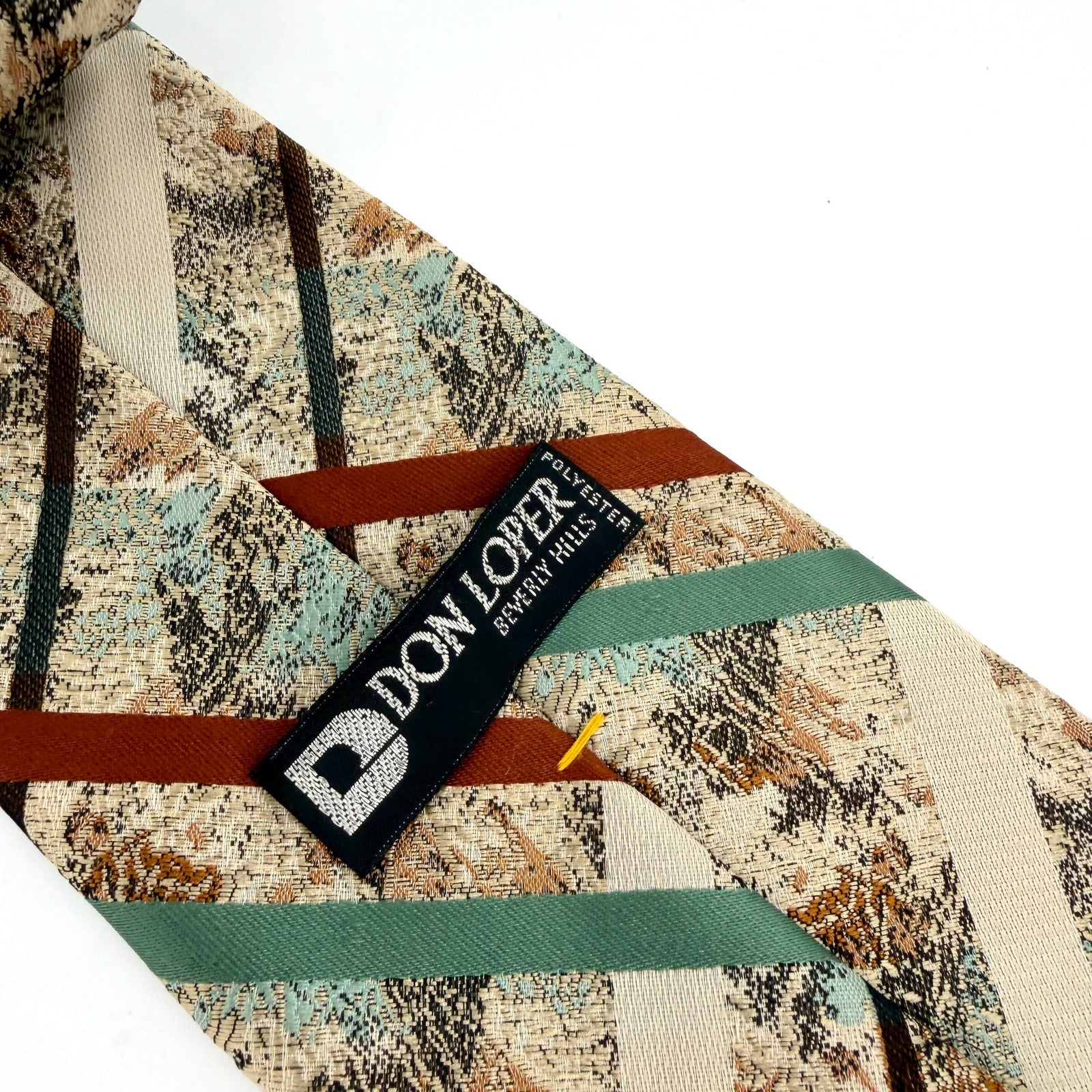 Vintage 70s Don Loper Beverly Hills Beige Green Abstract Super Wide Necktie