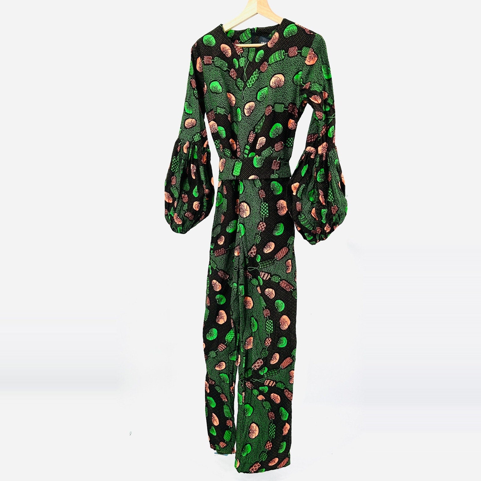 NWT Tribalbyn Green Coral Mushroom Ankara Print Cotton Balloon Sleeve Jumpsuit