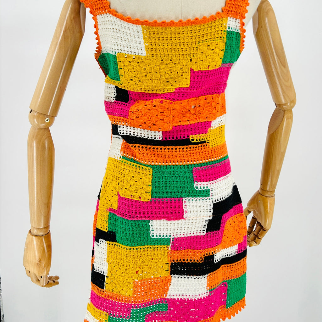 Y2K Crochet Multicolor Patchwork Festival Mini Dress