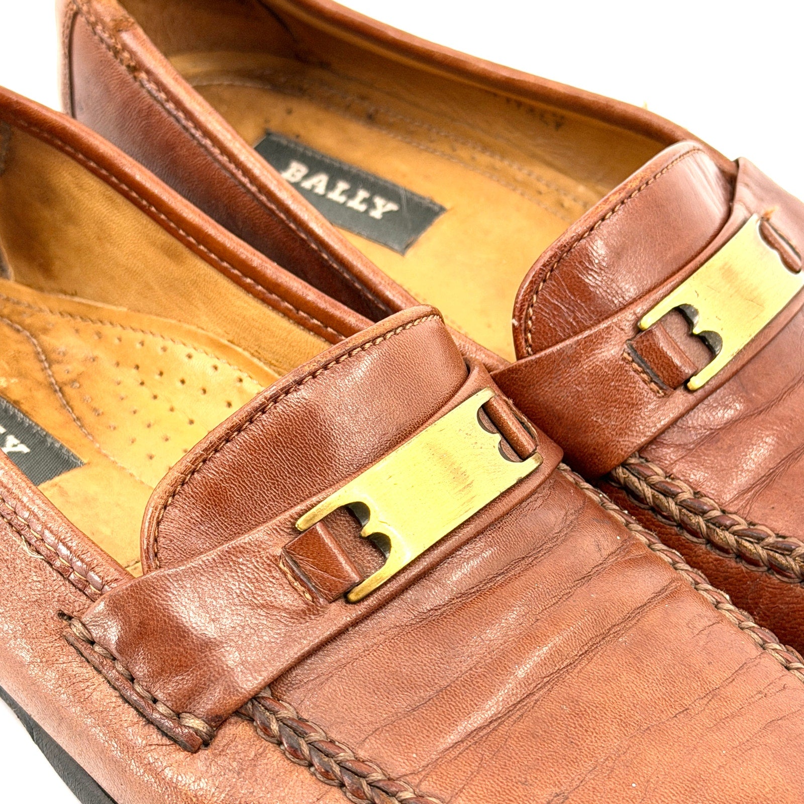 Vintage 80s Bally Italian Brown Leather Ruvera Gold Bit Loafers