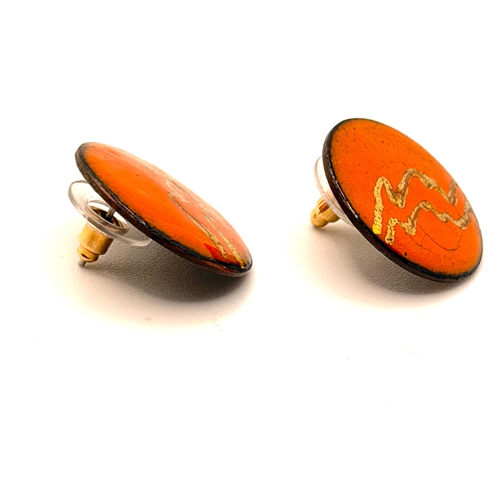 Vintage 70s Orange Gold Enamel Geometric Handcrafted Round Stud Earrings