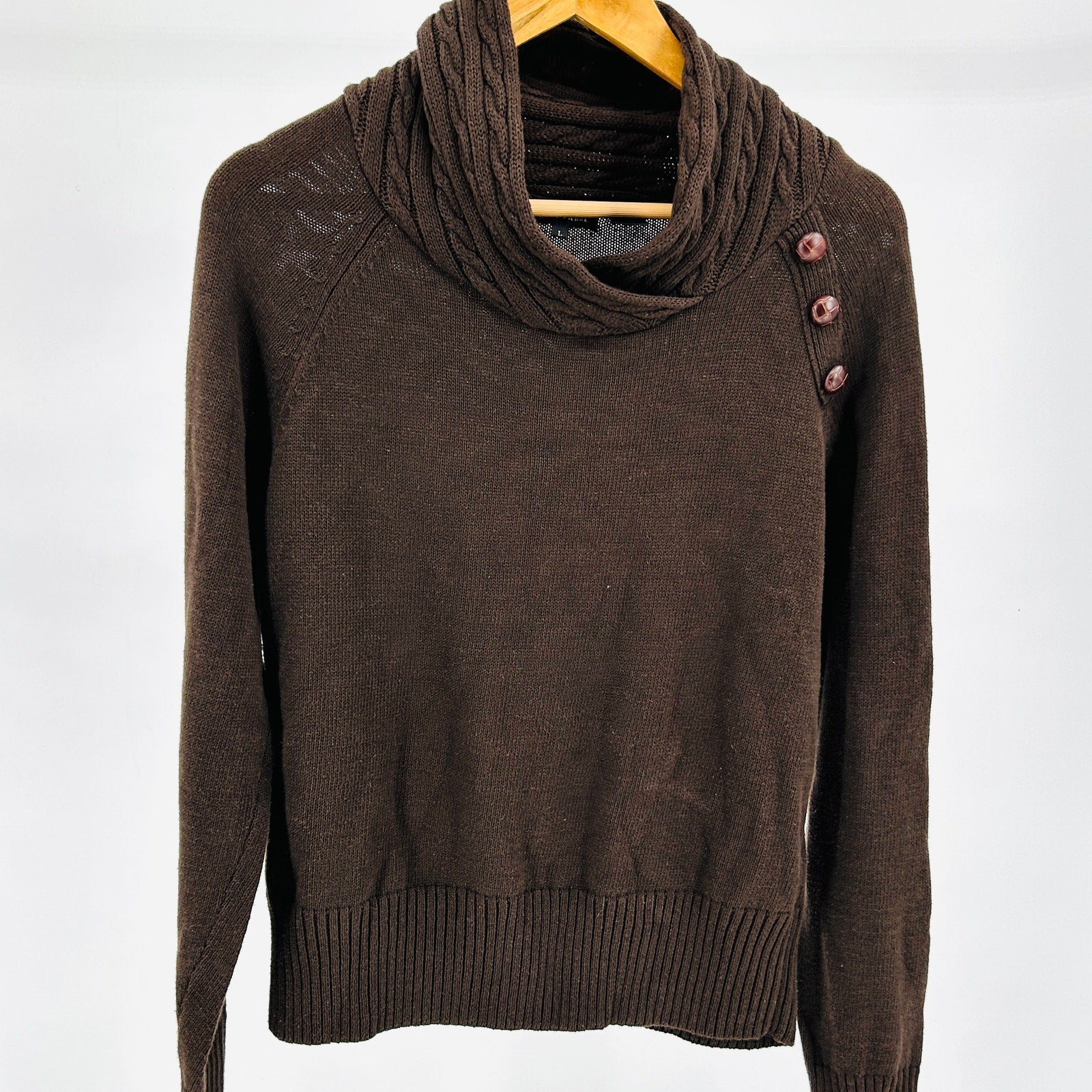 Vintage  Y2K Jeanne Pierre Brown 100% Cotton Cable Button Cowl Sweater