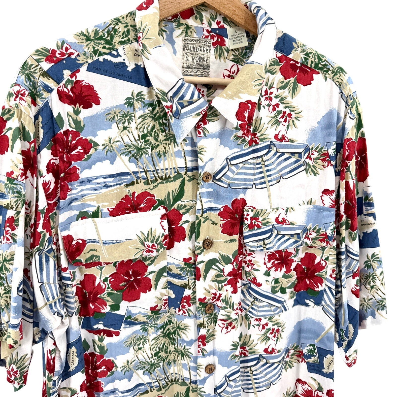 Vintage 90s Roundtree & Yorke Blue Red Hibiscus Caribbean Map Aloha Shirt