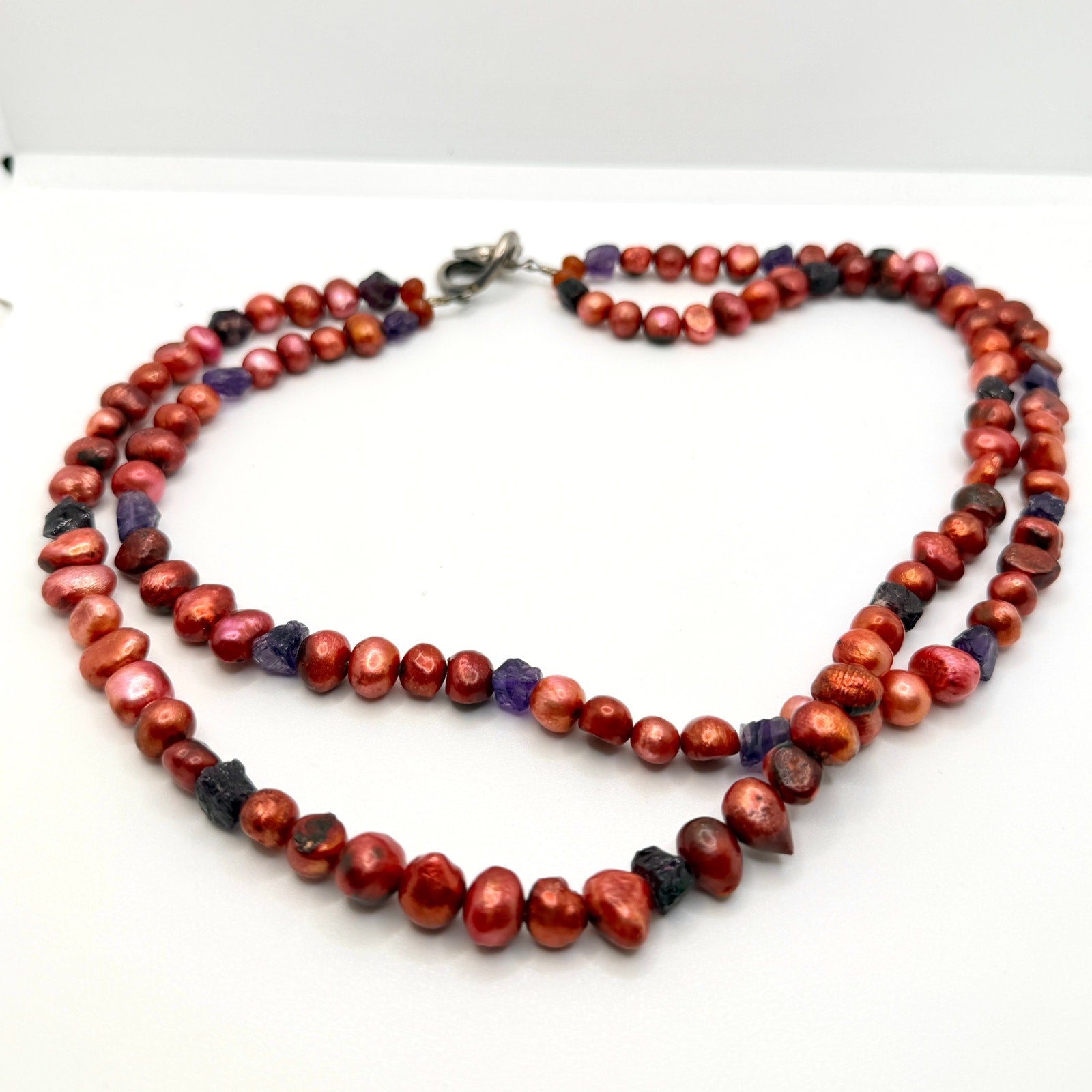 Vintage 90s Red Copper Freshwater Pearl Amethyst Boho Statement Necklace