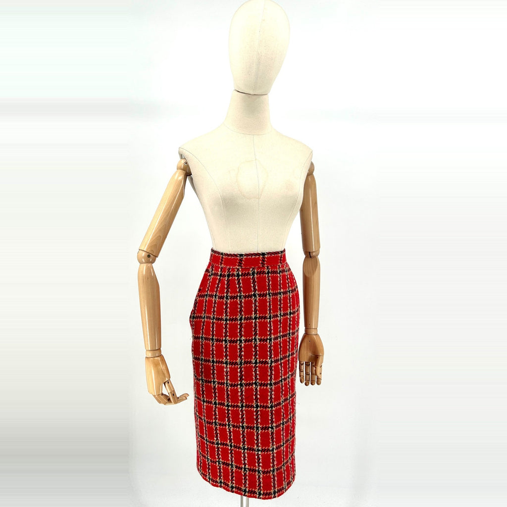 Vintage 80s Evan-Picone Red Black Plaid 100% Wool Academia Pencil Skirt