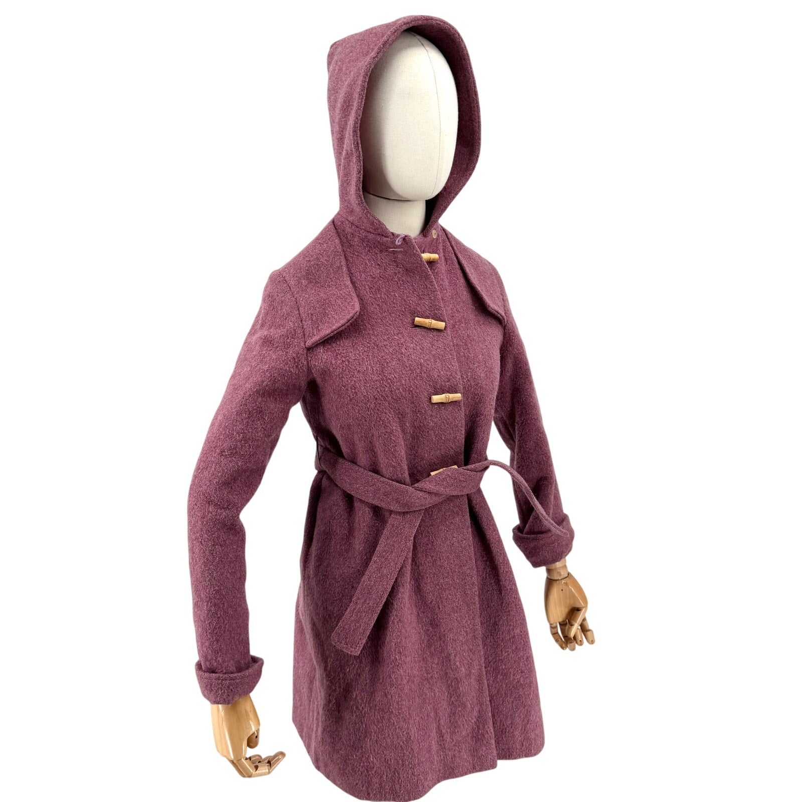 Vintage 70s Hymson's Mauve Purple 100% Wool Hooded Toggle Belted Coat