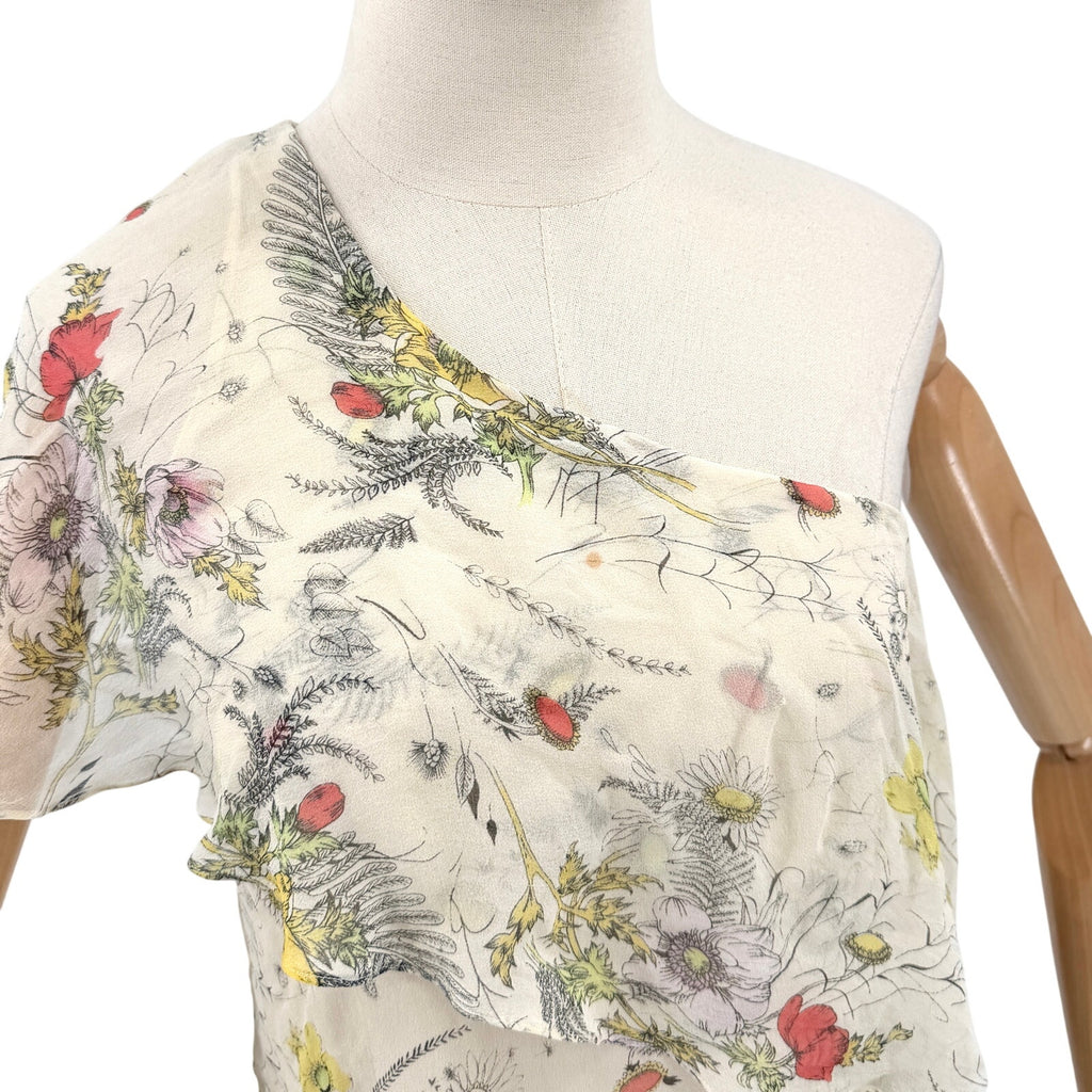Haute Hippie Cream Floral 100% Silk Asymmetrical Ruffle One Shoulder Mini Dress