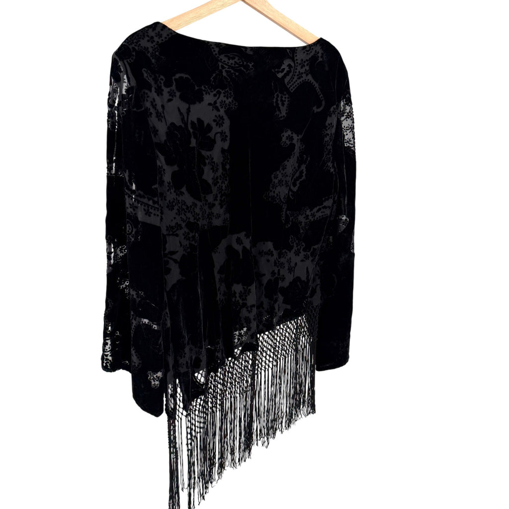 Vintage Y2K Black Burnout Velvet Asymmetrical Fringe Bell Sleeve Blouse