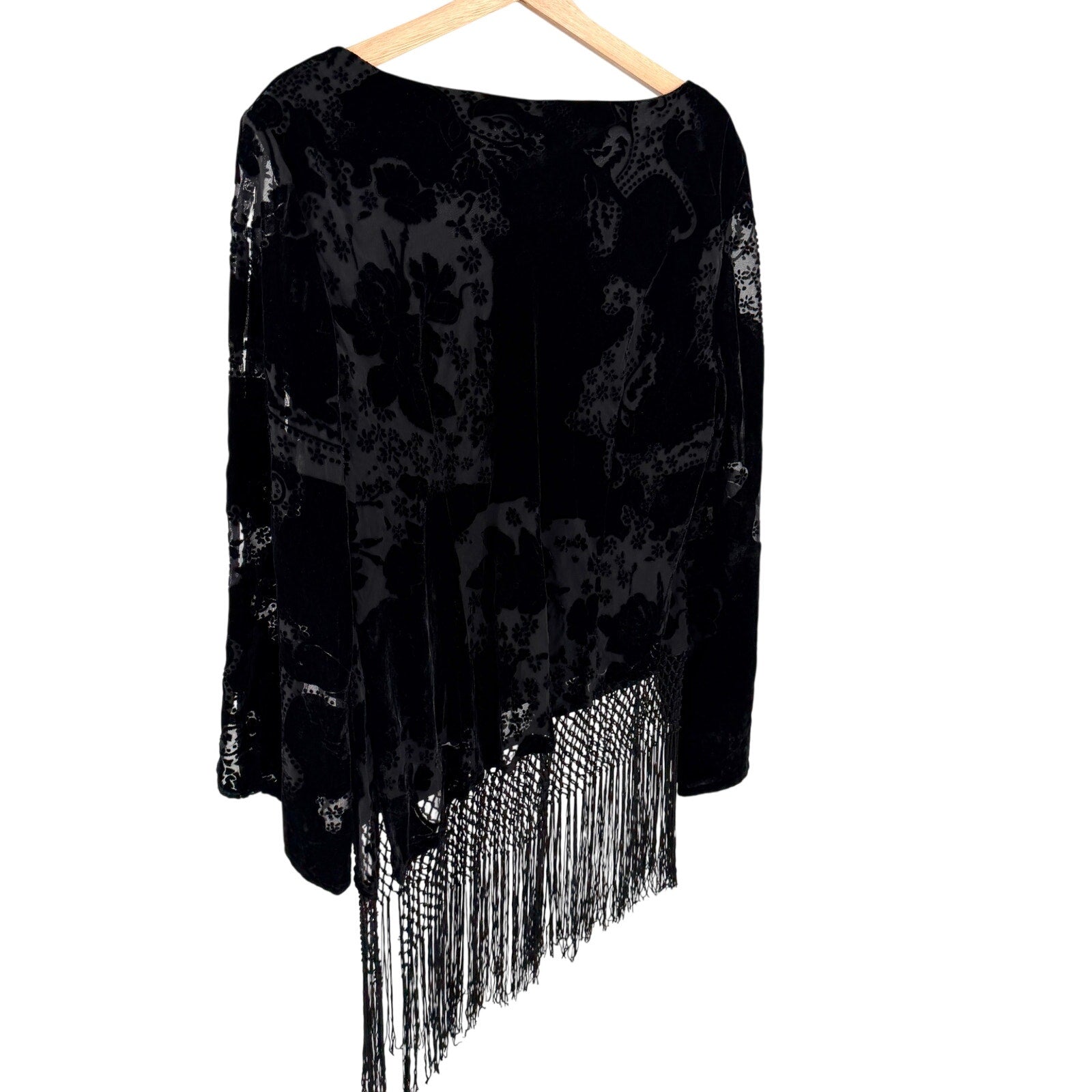 Vintage Y2K Black Burnout Velvet Asymmetrical Fringe Bell Sleeve Blouse