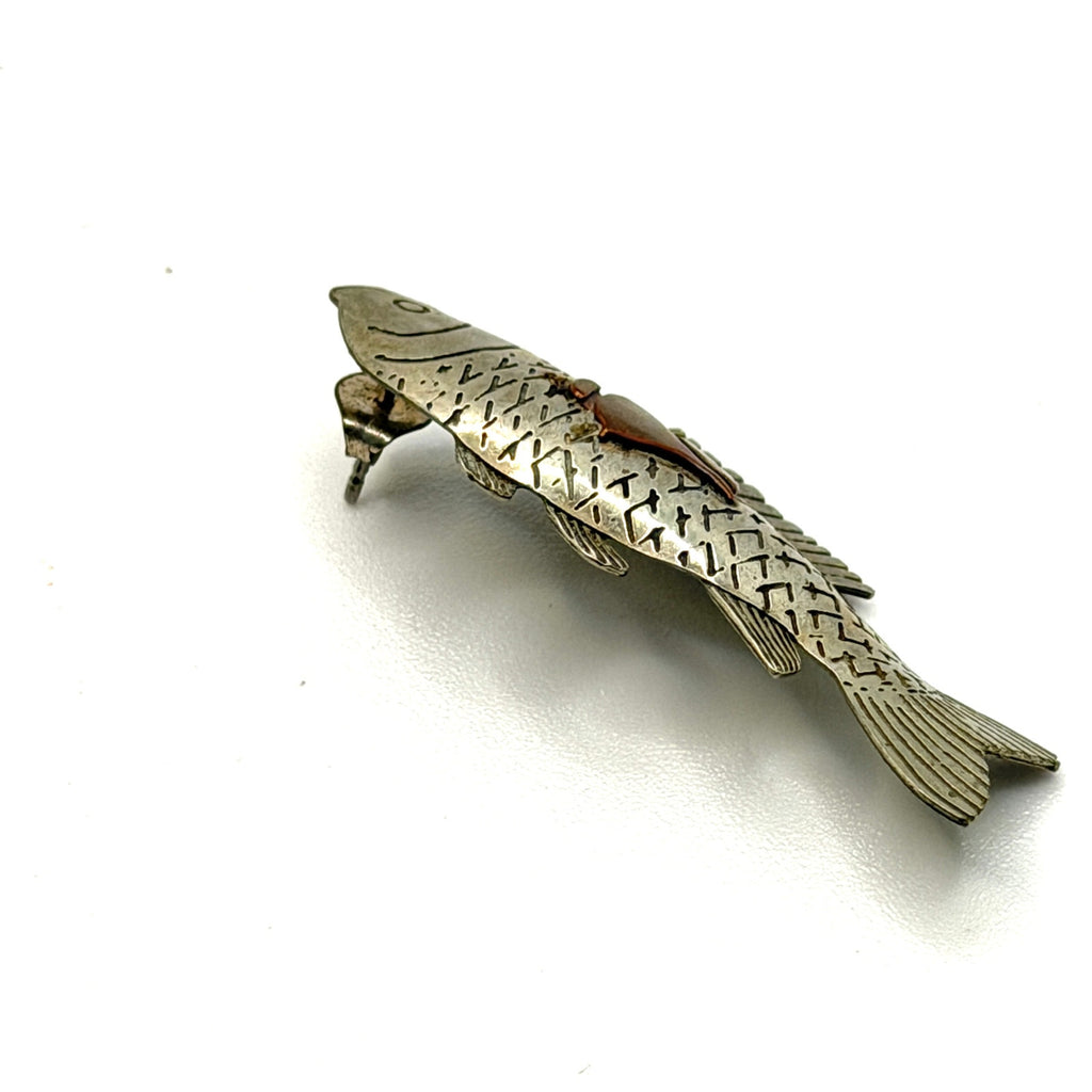 Vintage 90s Artisanal Mixed Metal Etched Koi Fish Global Boho Tribal Earrings