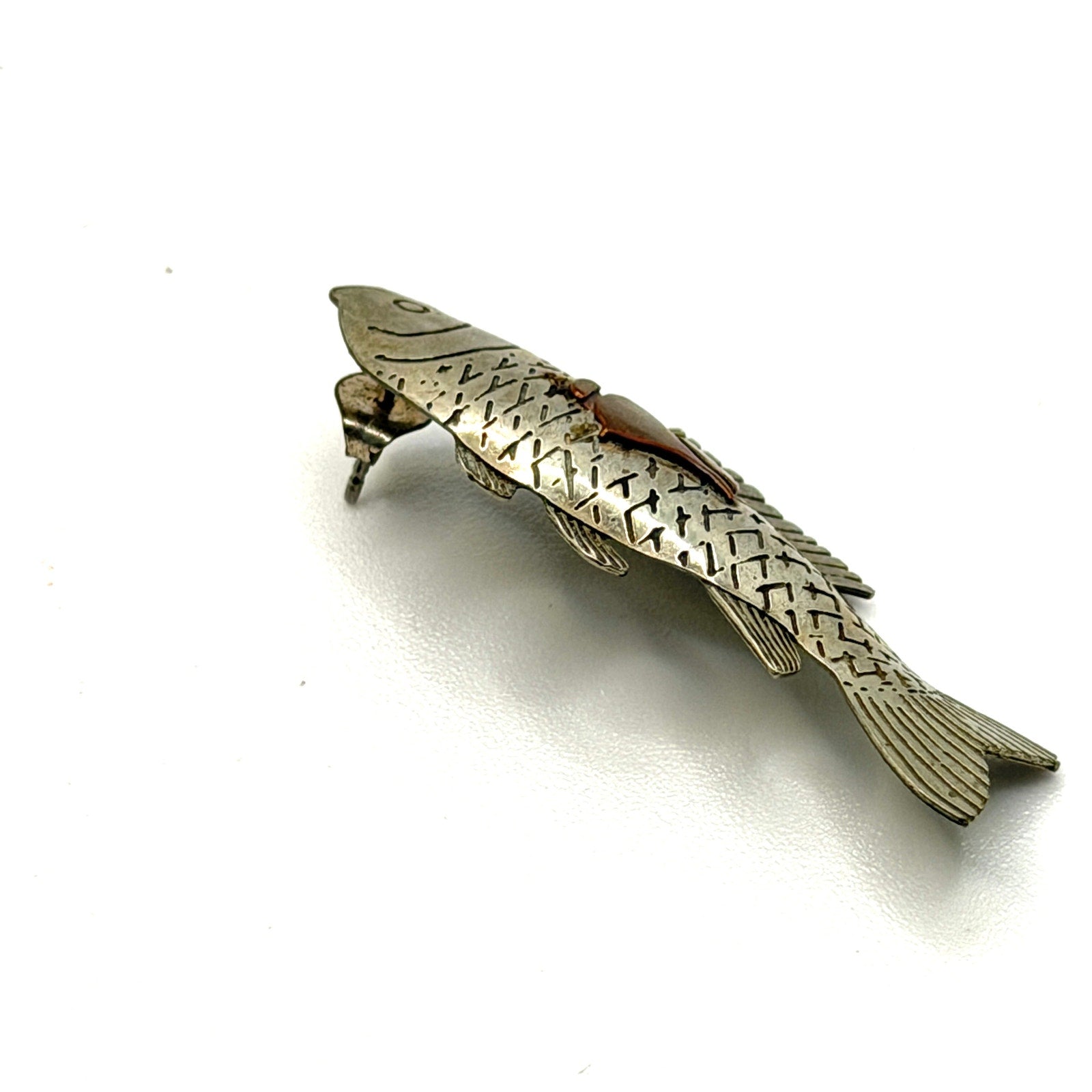 Vintage 90s Artisanal Mixed Metal Etched Koi Fish Global Boho Tribal Earrings