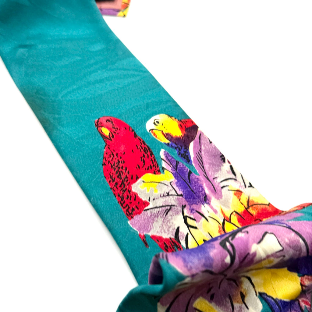 Vintage 90s Charleston Tie Rack Teal 100% Silk Tropical Parrot Print Necktie