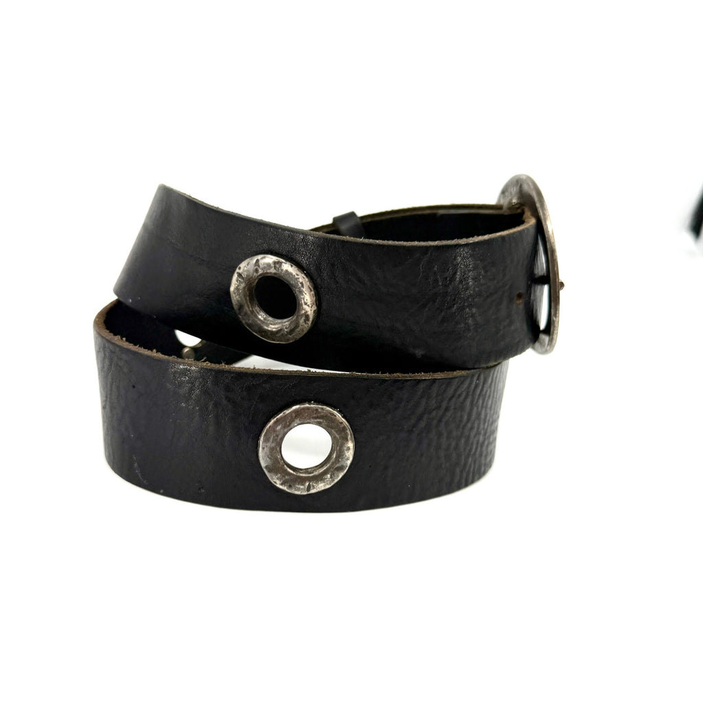 Vintage 90s Garuglieri Black Leather Round Buckle Grommet Belt