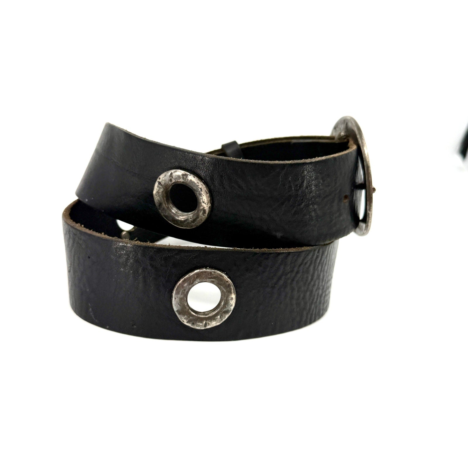 Vintage 90s Garuglieri Black Leather Round Buckle Grommet Belt