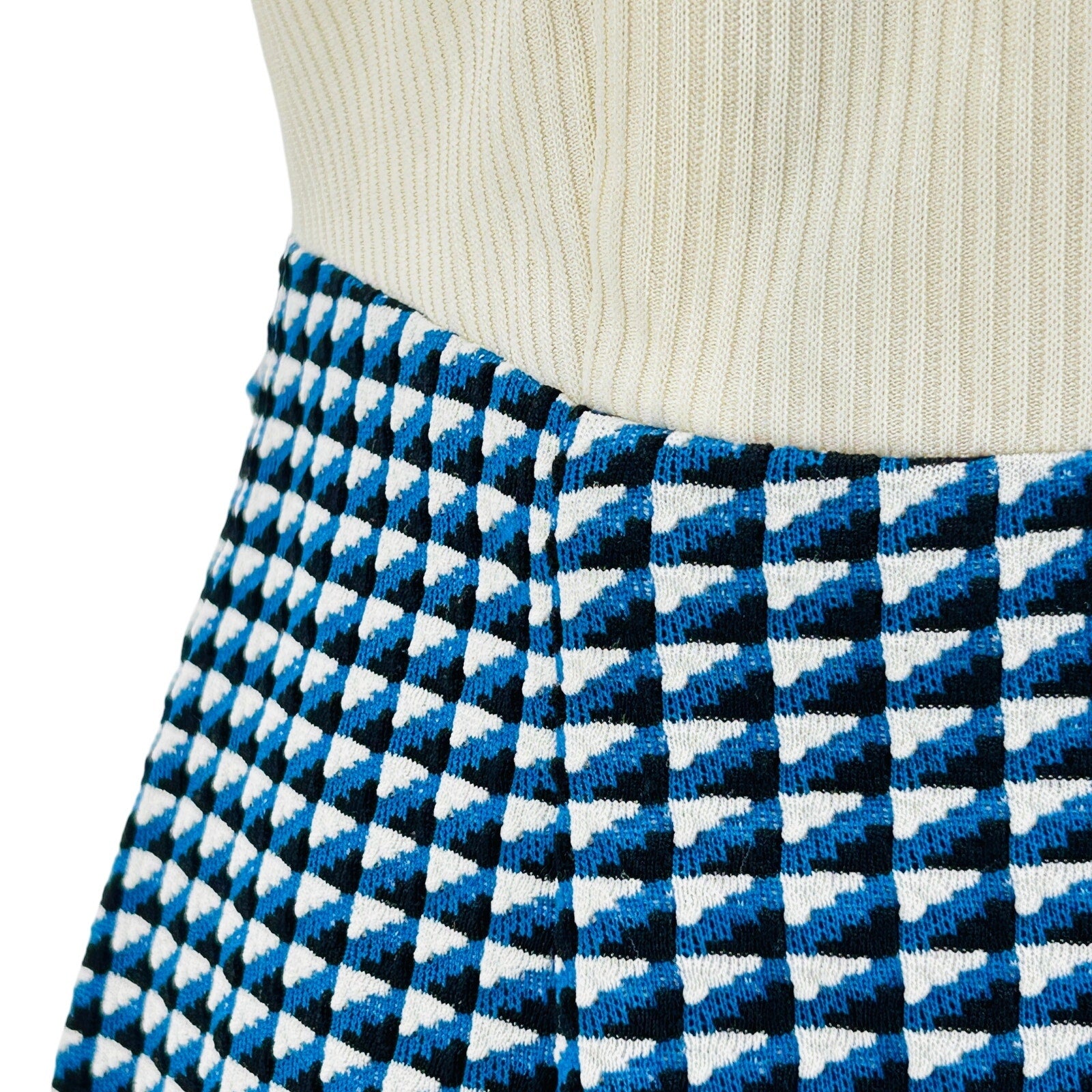 Vintage 70s Cream Blue Houndstooth Mod A-Line Mini Dress
