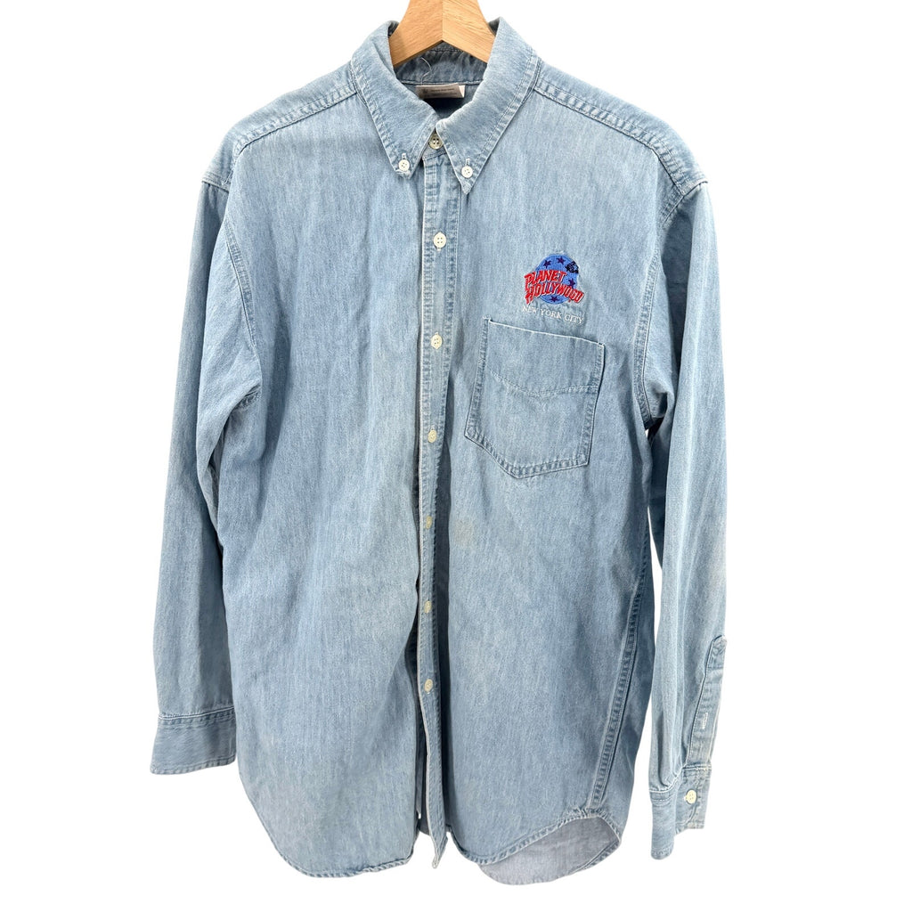 Vintage 90s Planet Hollywood NYC Light Wash 100% Cotton Denim Shirt