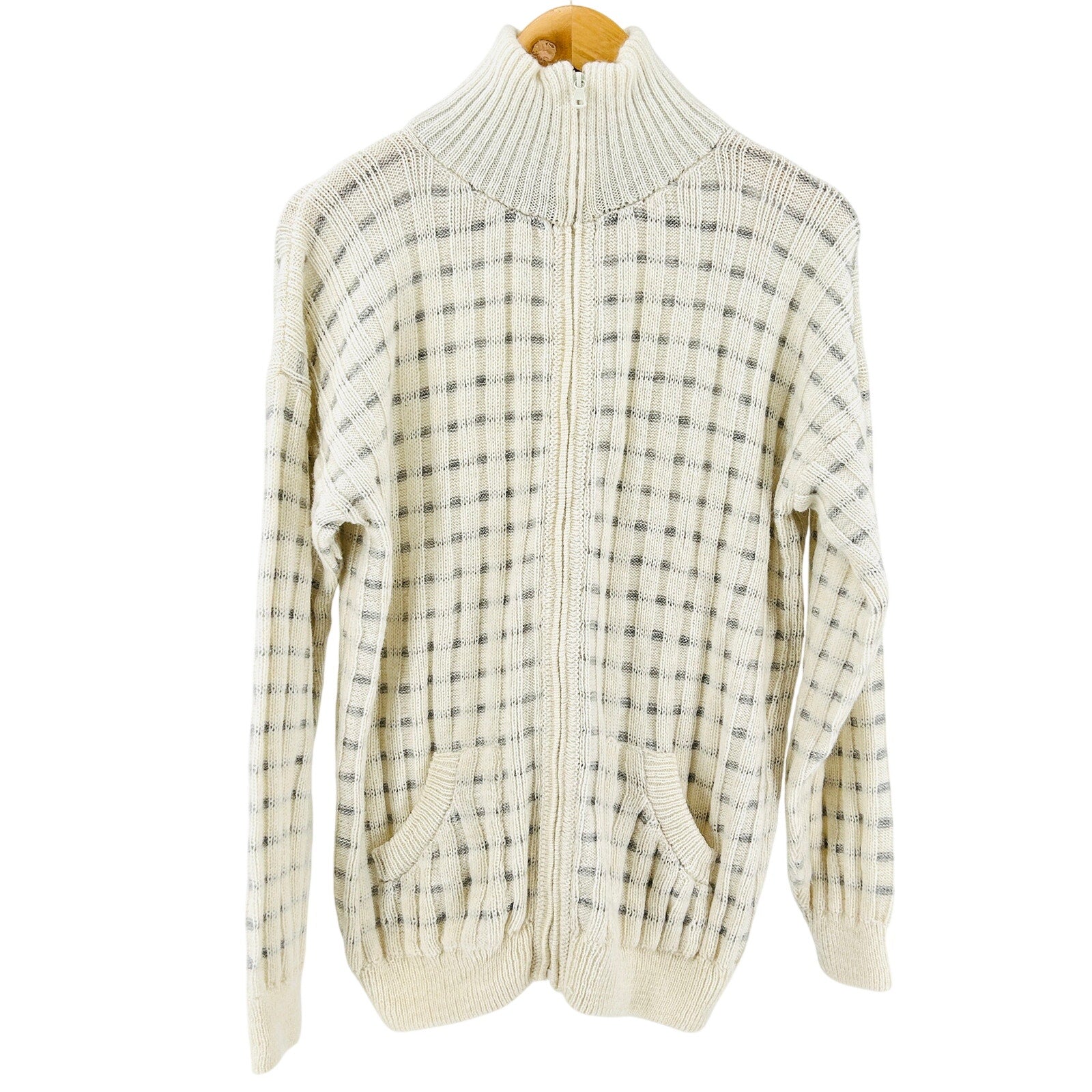 Vintage 90s White Grey Alpaca Striped Full Zip Mock Neck Sweater Jacket
