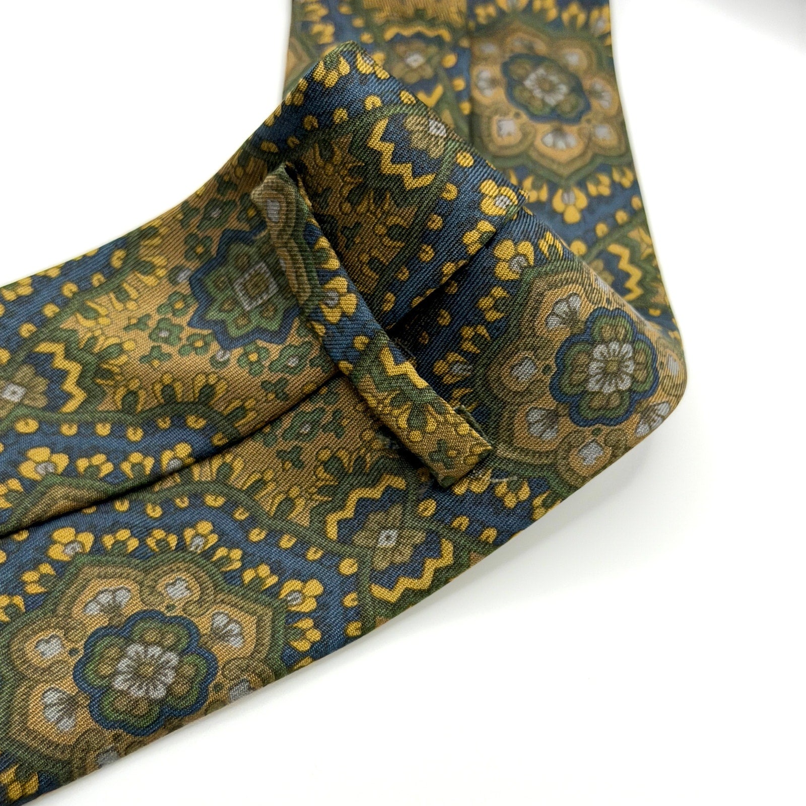 Vintage 90s Etro Green Navy Gold 100% Silk Paisley Skinny Luxury Tie