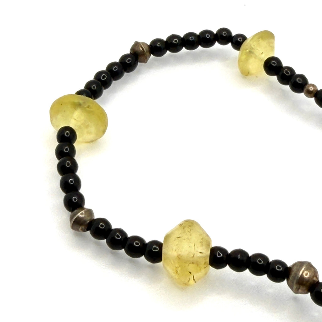 Vintage 90s Black Onyx Lemon Quartz Sterling Silver Minimalist Beaded Necklace