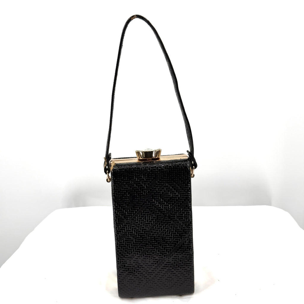 Vintage 90s Black Patent Leather Maximalist Rhinestone Clasp Box Handbag