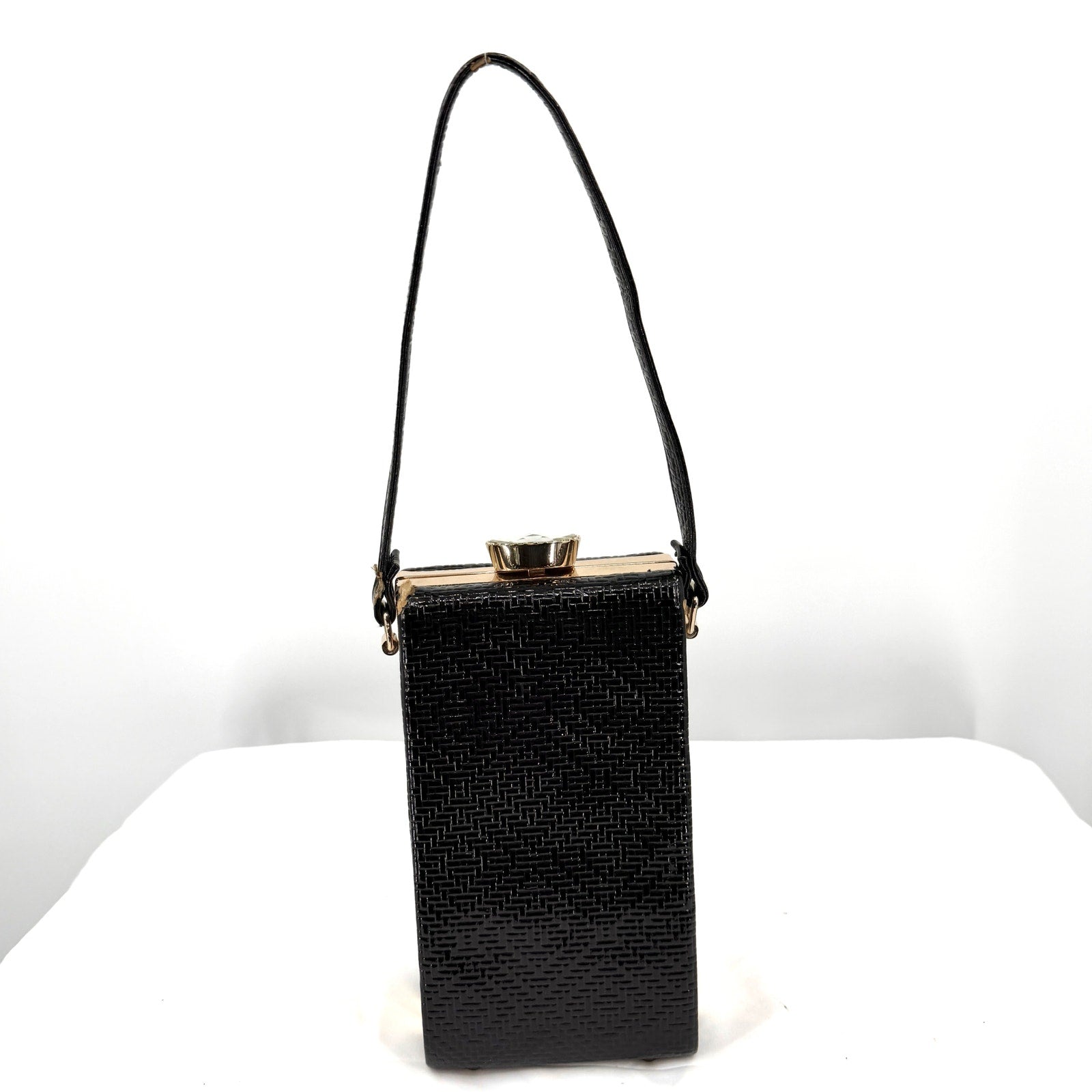 Vintage 90s Black Patent Leather Maximalist Rhinestone Clasp Box Handbag