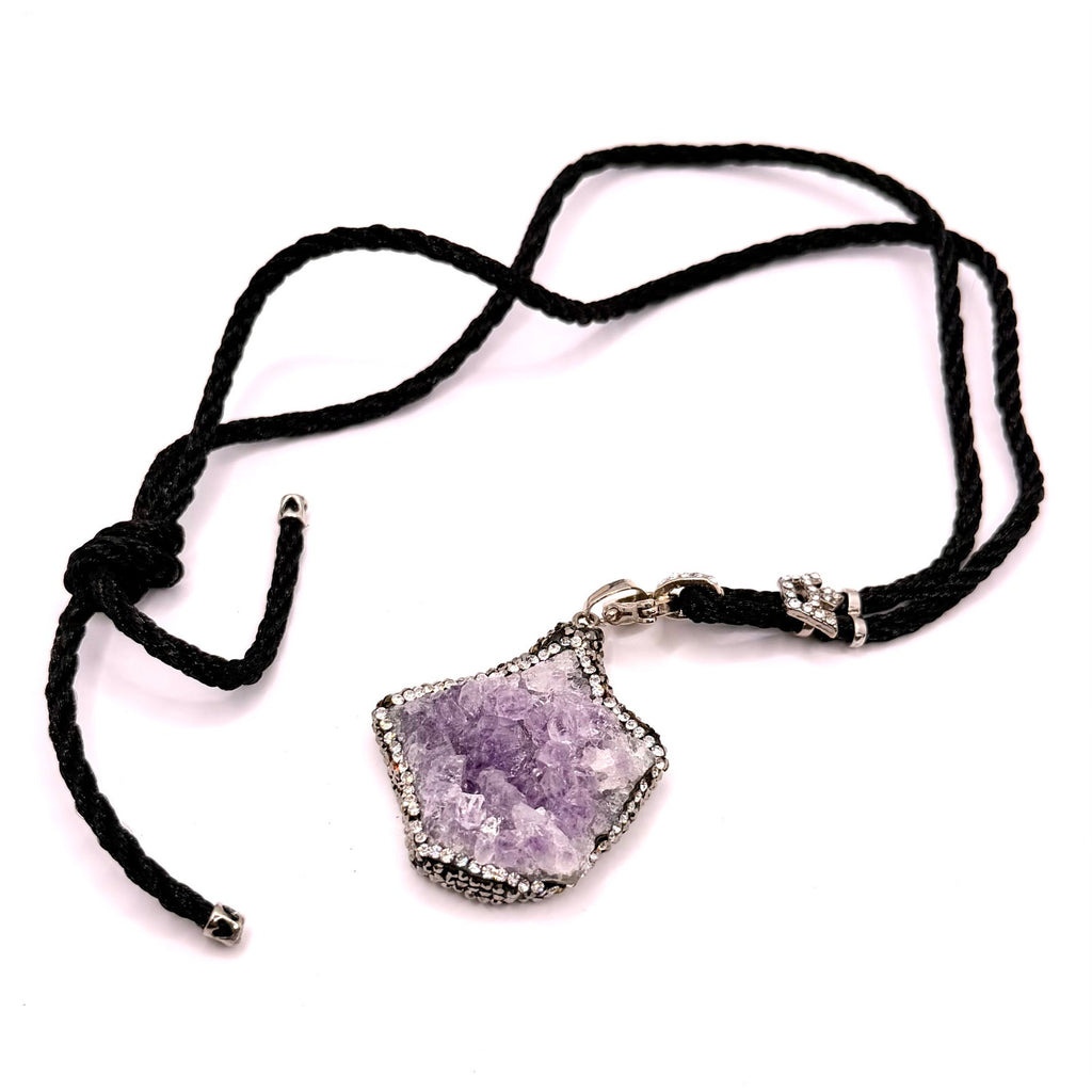 Vintage Y2K Amethyst Geode Crystal Pave Shield Necklace