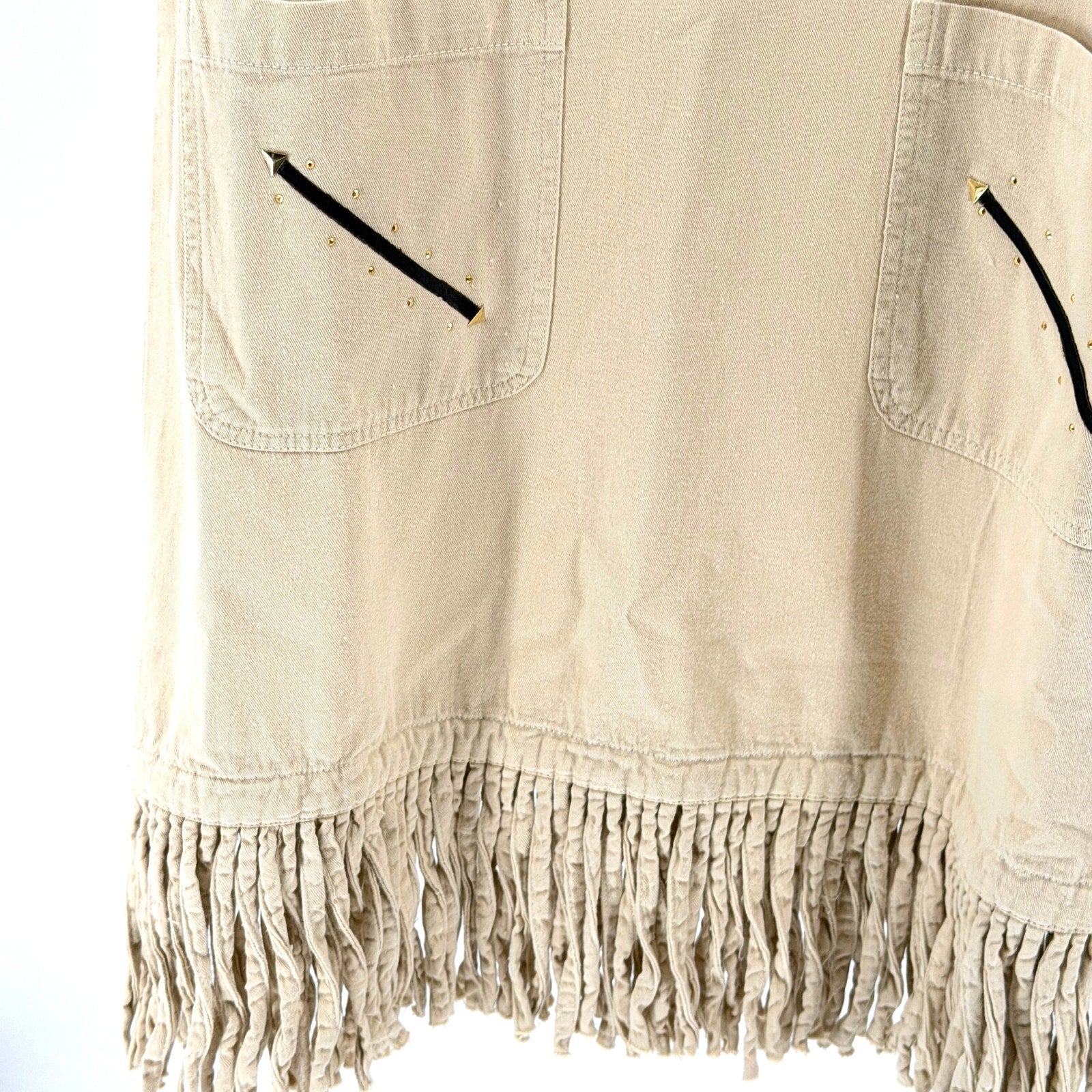 Vintage 90s Shipshe Khaki 100% Cotton Animal Patch Studded Fringe Hem Dress