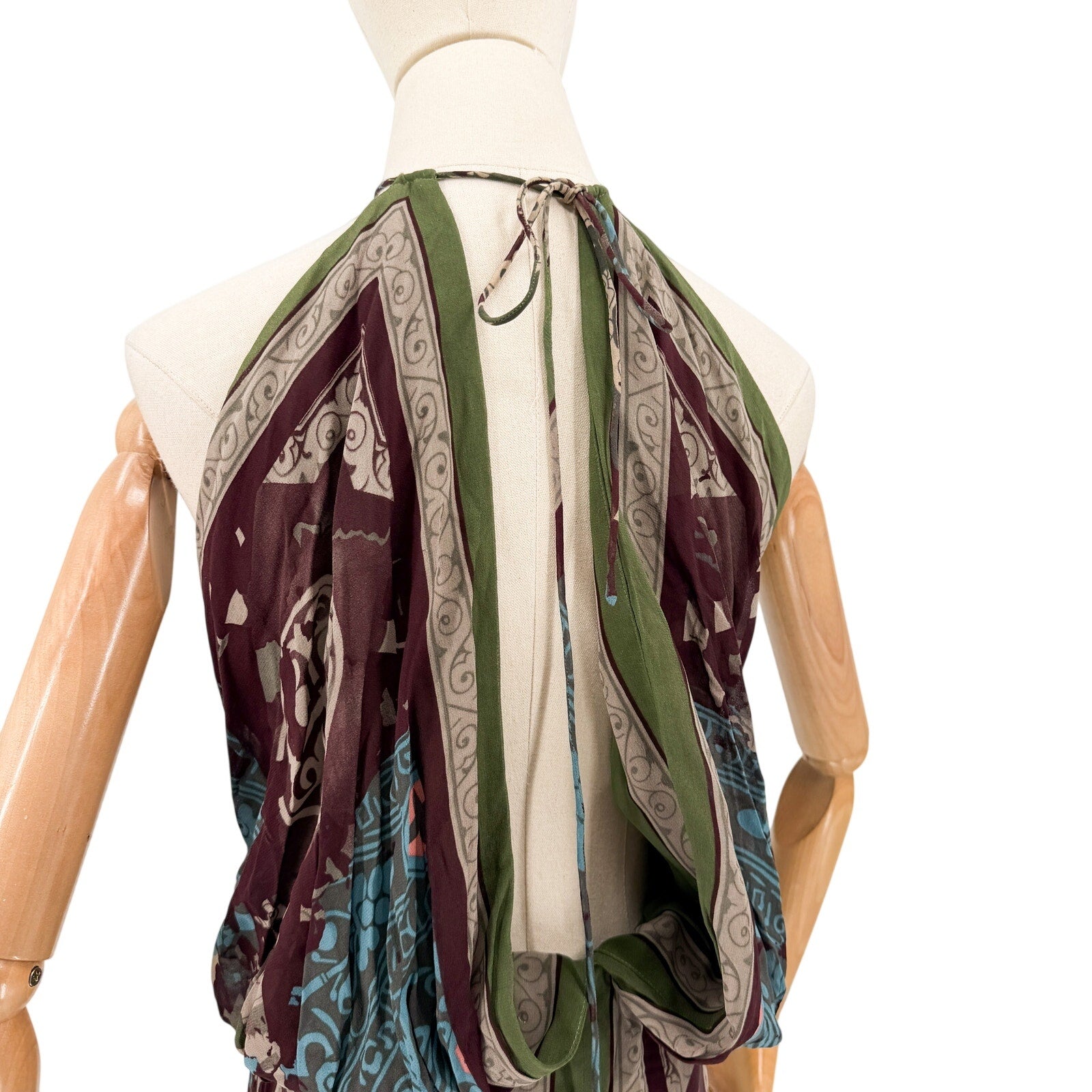 Vintage Y2K Nicole Miller Green Purple 100% Silk Geometric Halter Maxi Dress