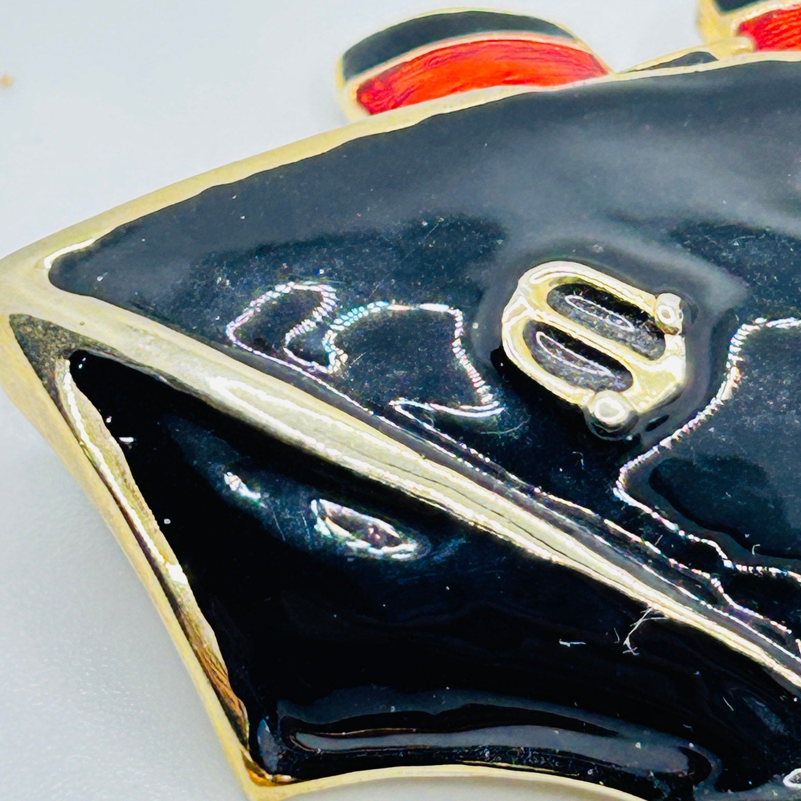 Vintage 80s/90s Gold Enamel Black Red Nautical Rhinestone Cruise Ship Brooch Pin
